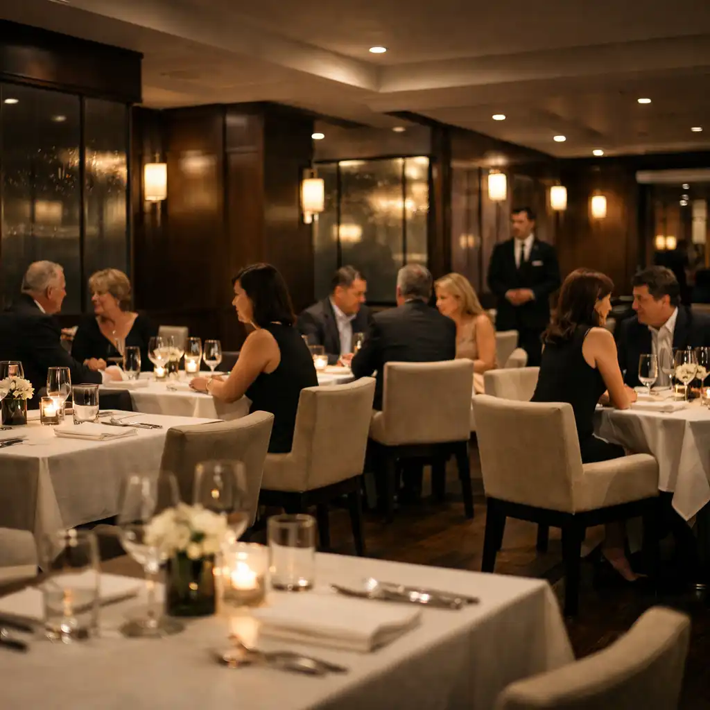 Večerní interiér restaurace s hosty v nenucené konverzaci