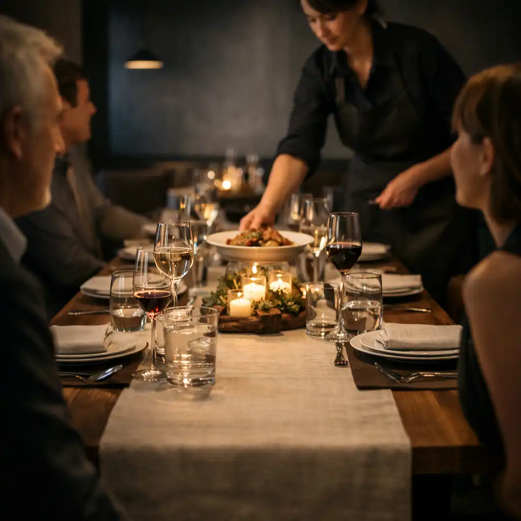 Připravený stůl pro soukromou společenskou večeři se servisem v restauraci