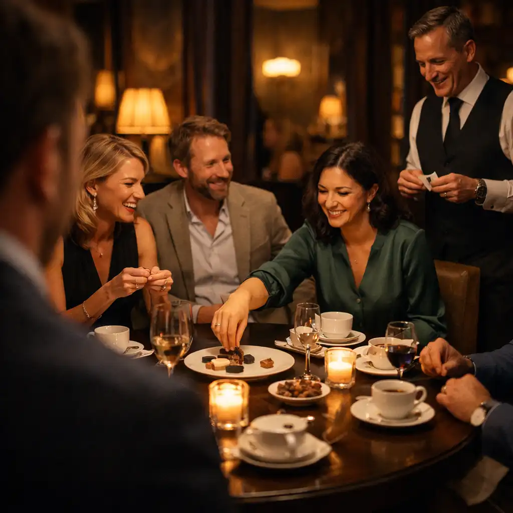 Malá skupina dospělých hostů v živé konverzaci u kulatého stolu v restauraci