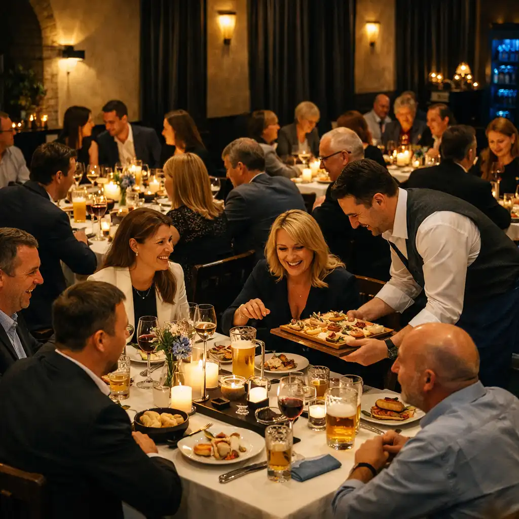 Hosté a obsluha během elegantního tematického večera v restauraci